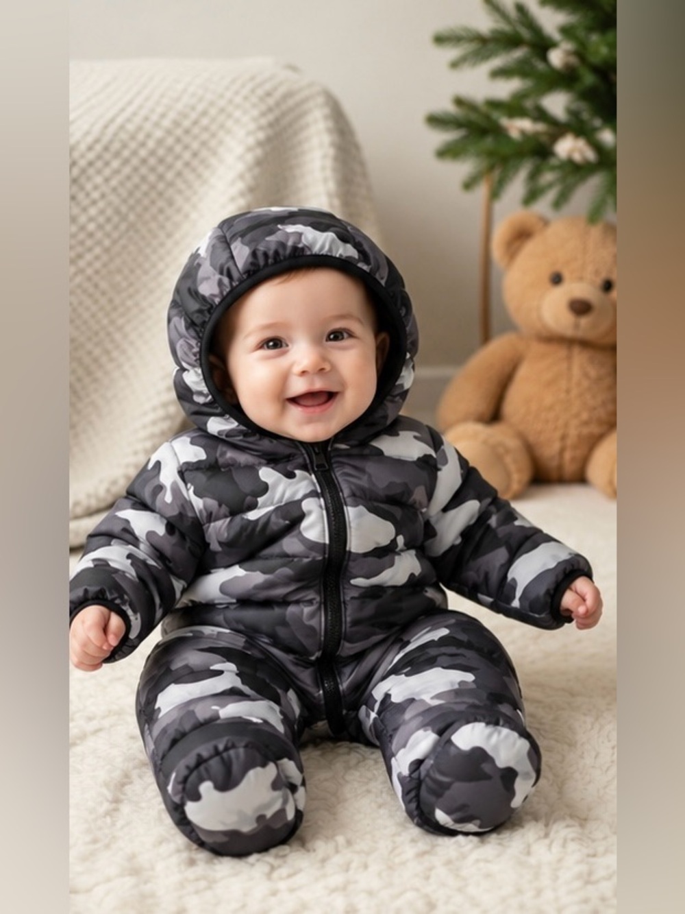Michael Kors Baby Hooded One-Piece in Black and Gray Camo - Picture 2 of 4